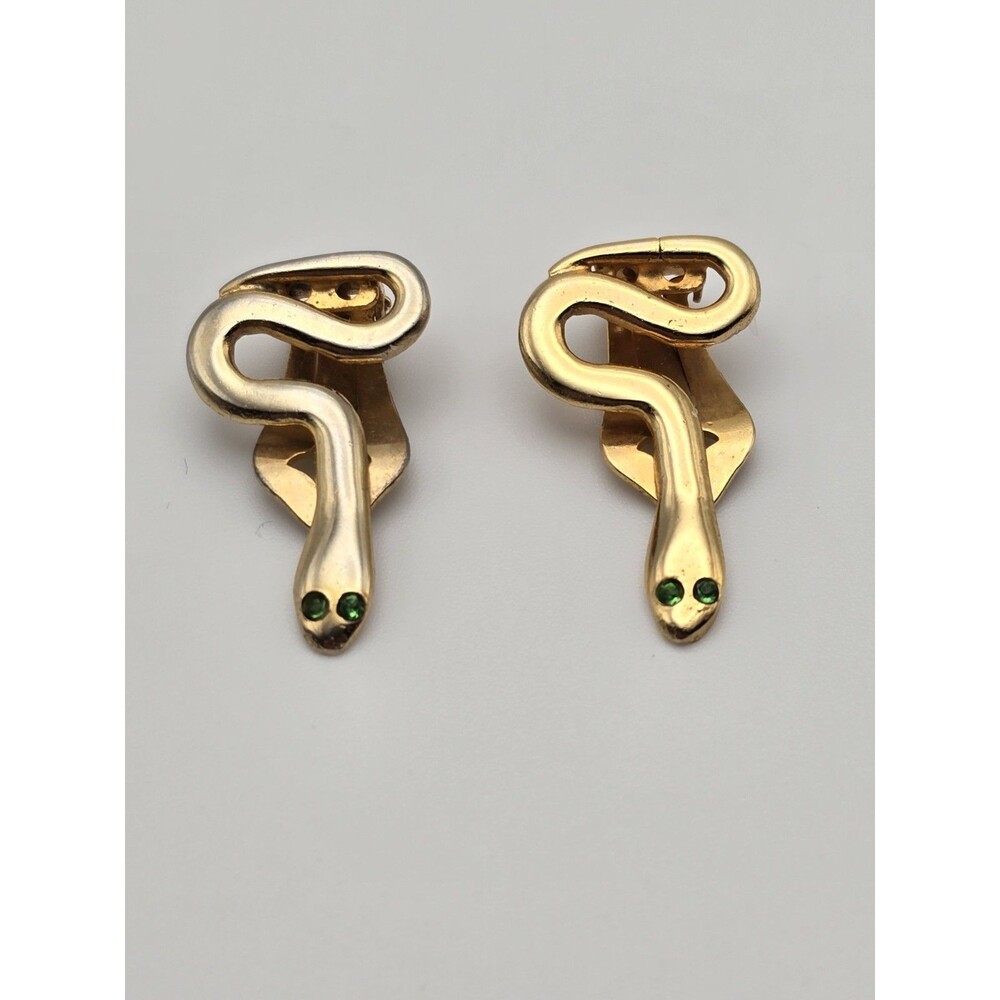 Vintage Giuliano Fratti Snake Clip-On Earrings – Gold Tone with Green Rhinestone